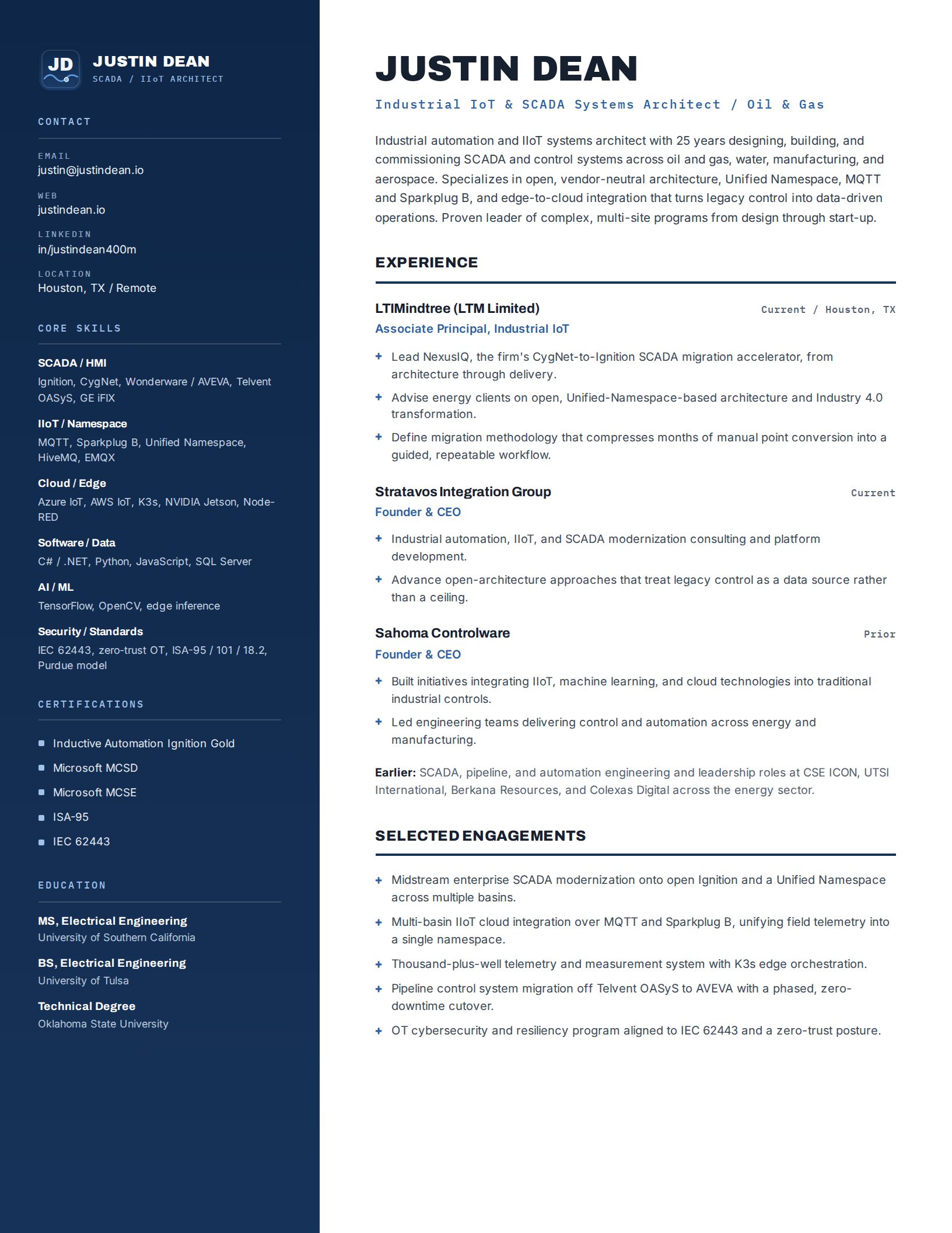 Resume of Justin Dean, Industrial IoT and SCADA Systems Architect